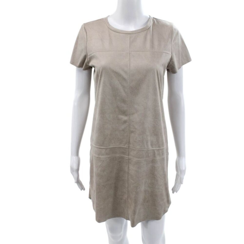 Lavender Brown Womens Beige Shift Dress Short Sleeve Crew Neck Polyester Size L
